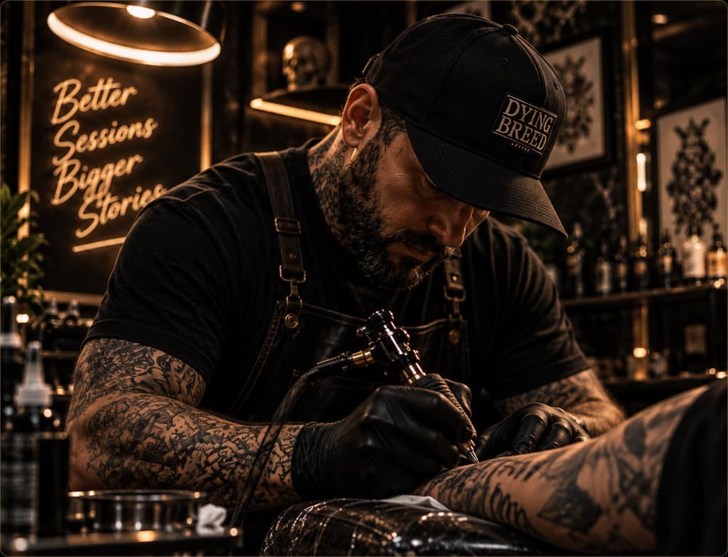Tattoo artist working during a client session
