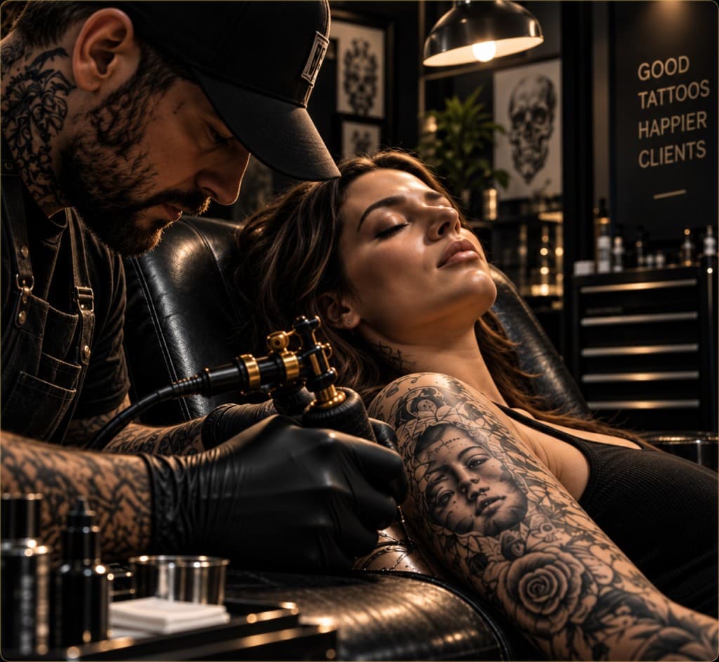 Tattoo artist working with a client in a professional studio